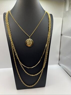 Vintage Locket Multi Strands Necklace with Gold Tone Chains and Floral Design